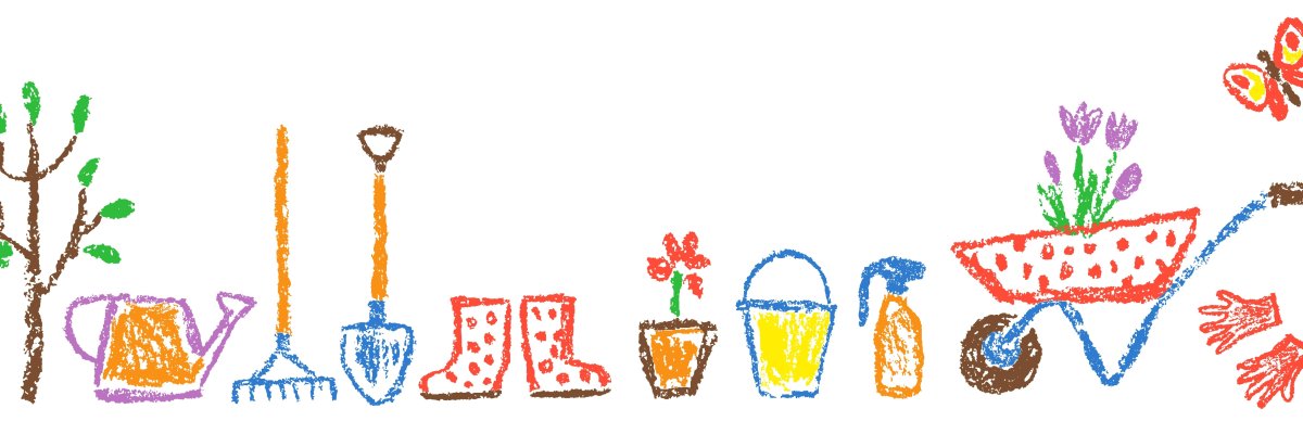 Garden or farm border background and gardening tools set. Like child hand drawing outdoor header banner design. Crayon pencil isolated vector flower, shovel, fence, cart, rubber boots, plant, rake.