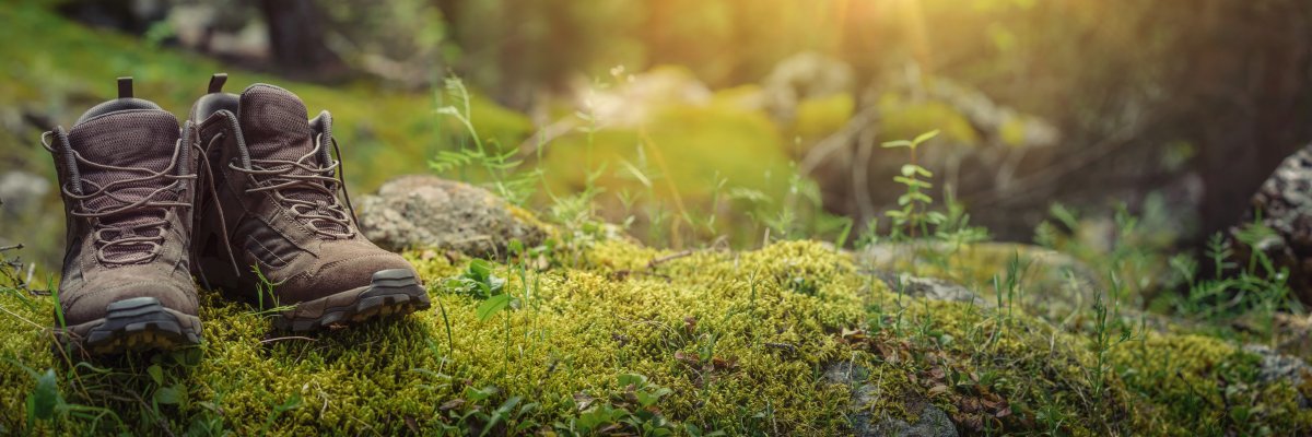 Pair of touristic boots on moss Pair of touristic boots on moss